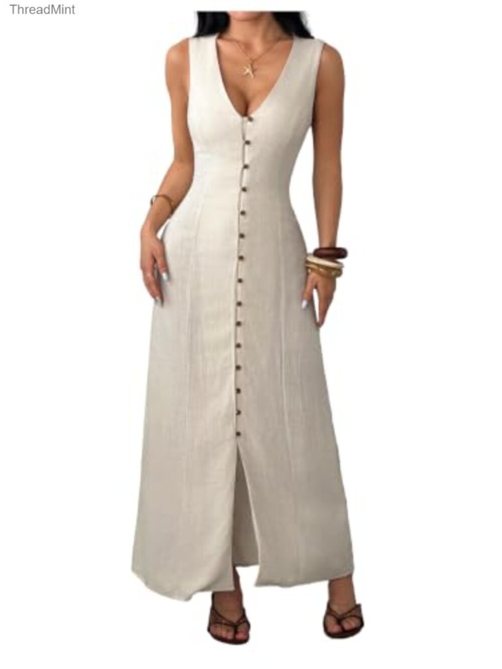 V Neck Button Down Fitted Maxi Dress Sleeveless Tie Back Summer